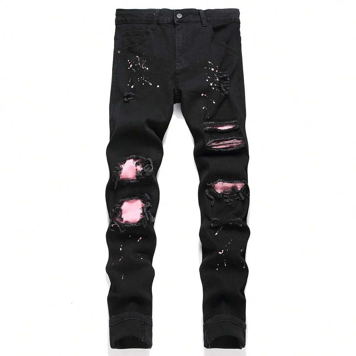 Men y2k Stretchy Skinny Denim Jeans For Men Casual pants Ripped Patchwork Hole Slim Fit Denim Hip Hop Black Straight Trousers1 Y251105
