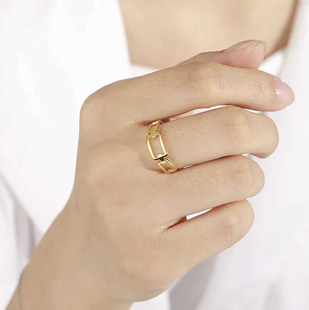 Skyrim Simple Rectangle Chain Womens Ring Kpop Stainless Steel Rose Gold Color Finger Rings Fashion Jewelry Gift WholesaleW251017