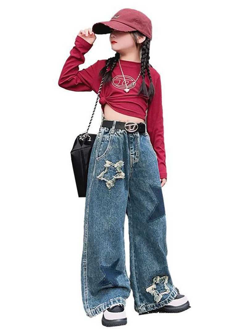 Girls Five Star Pattern Jeans Spring Fashion Teenage School Casual Straight Wide Leg Jeans for Kids 415 Years Children TrousersT251017