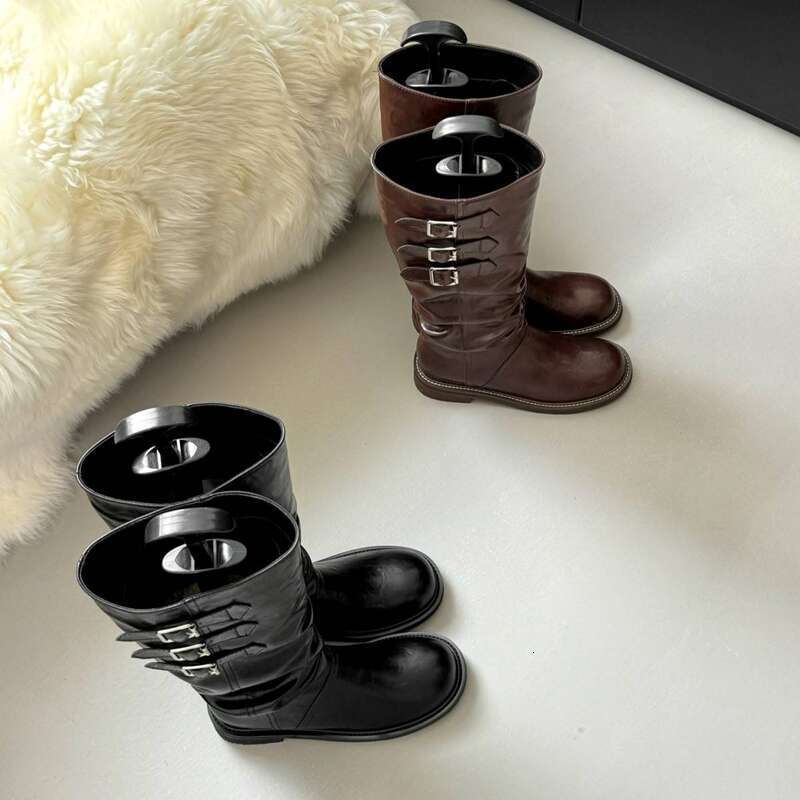 Cameido Women Fashion Pleated Stackable High - Heel With Belt Buckle Retro Knight Boots