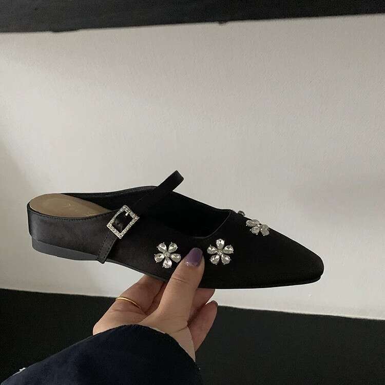 Women's Designer Shoe French Style - Flat Mary Jane Half Sandals Slippers with Rhinestone Bowknot Gentle Evening Single Shoes