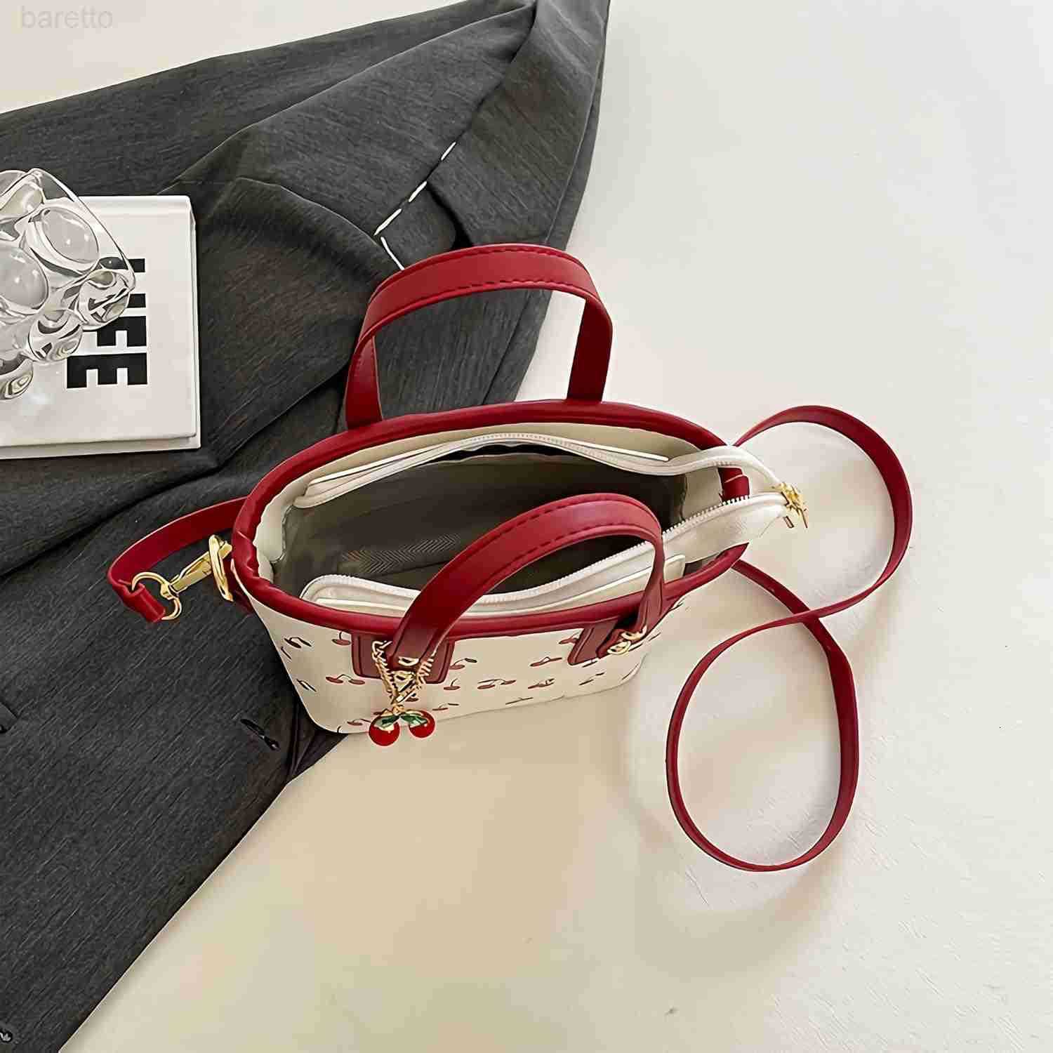 Cherry Leather Tote Bag Cute Y2K Shoulder Purse for Women Red Designer Handbag with Top Handle Fruit Print Clutch Satchel Z251017