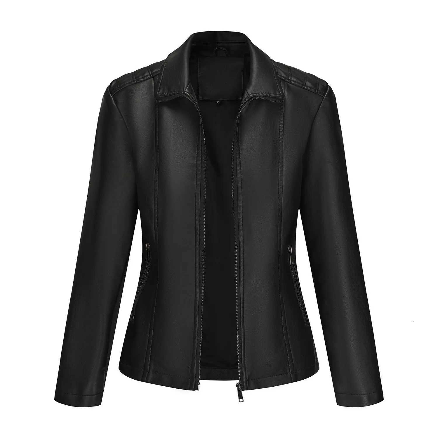 New In 2025 Fashion Womens Pu Leather Jacket Ladies Autumn Winter Solid Color Zipper Black CoatsT251017