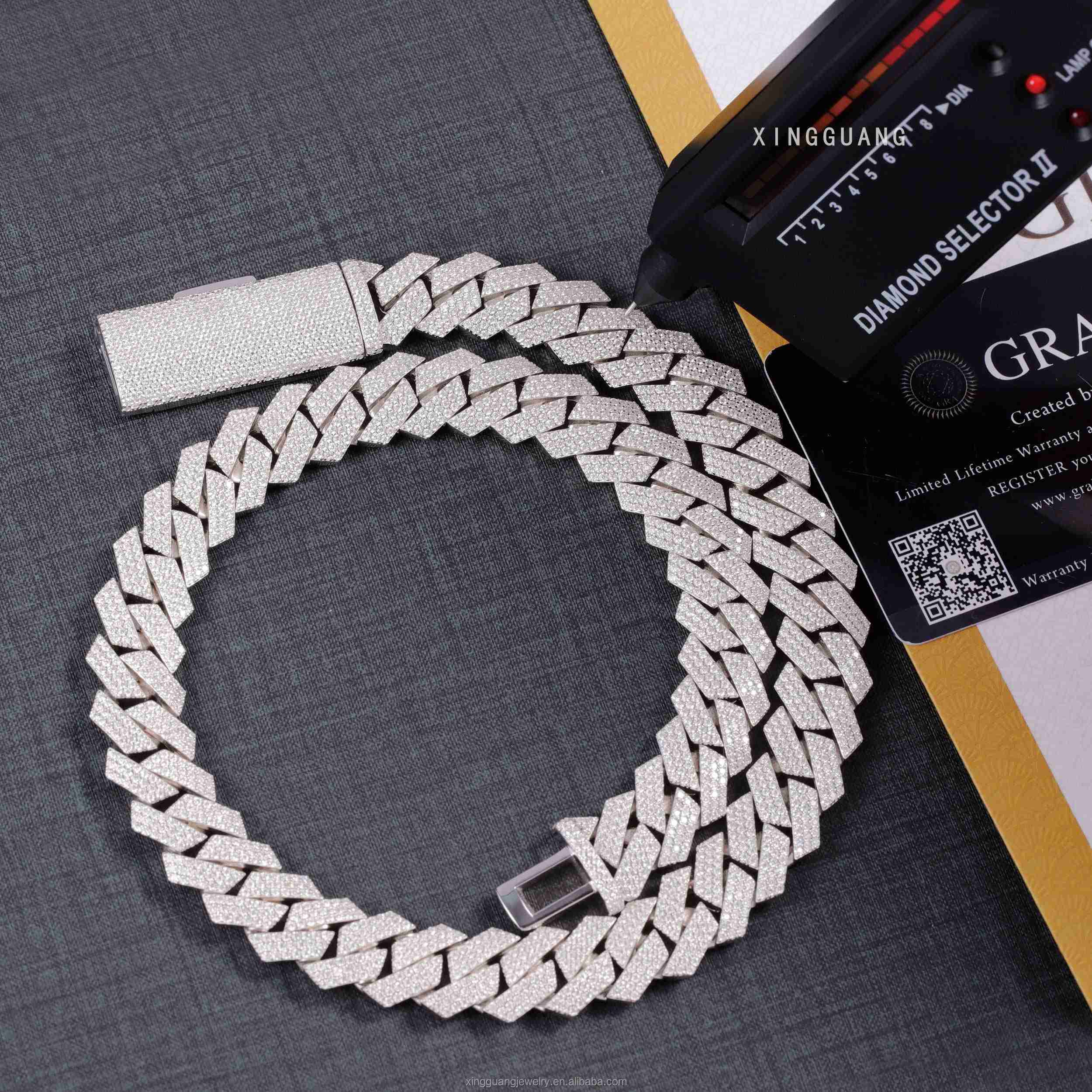 Rapper Hip Hop Chain 15MM 3Rows Iced Out Moissanite Chain 925 Sterling Silver Cuban Lidynamic Chain Necklace Pass Diamond Test