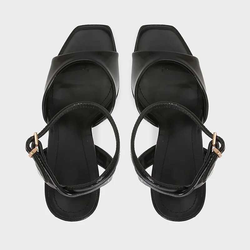 Black Patent Leather Ankle Strap Buckle Heeled Sandals Women Sexy Square Open Toe High Heels Summer Elegant Party Office Shoes Z251015