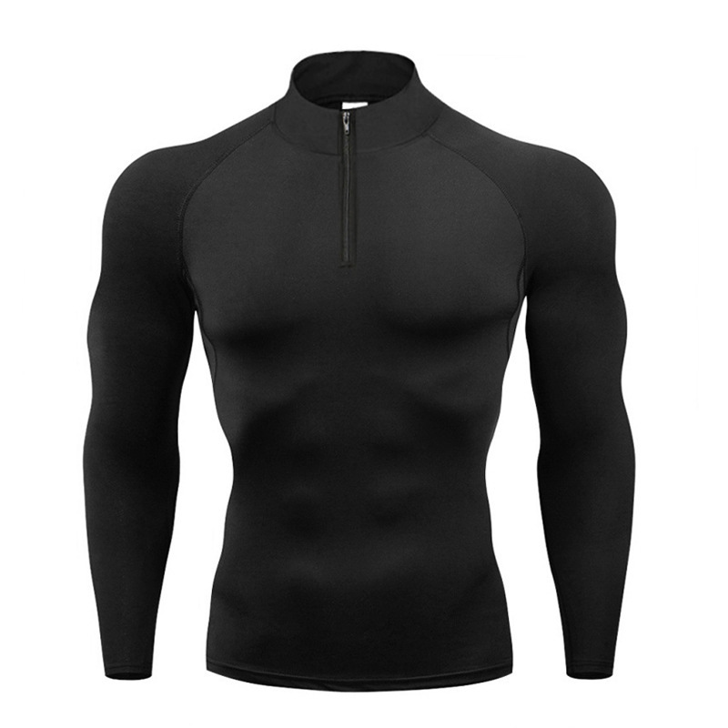 Solid Color Stand Collar Zipper T-Shirt Men Fitness Running Sports Long Sleeve Base Shirt Autumn Stretch Tight-Fitting Trendy