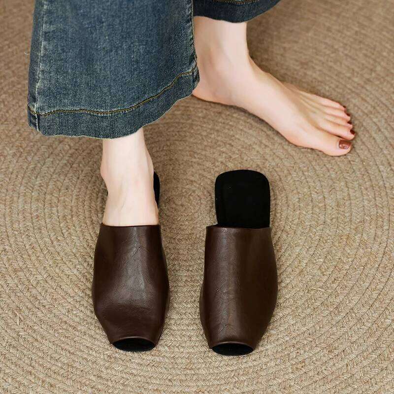 Mules Cover Sandals New Summer Leather for Fashion Modern Slippers Slides Women Peep Toe Low Heel Shoes