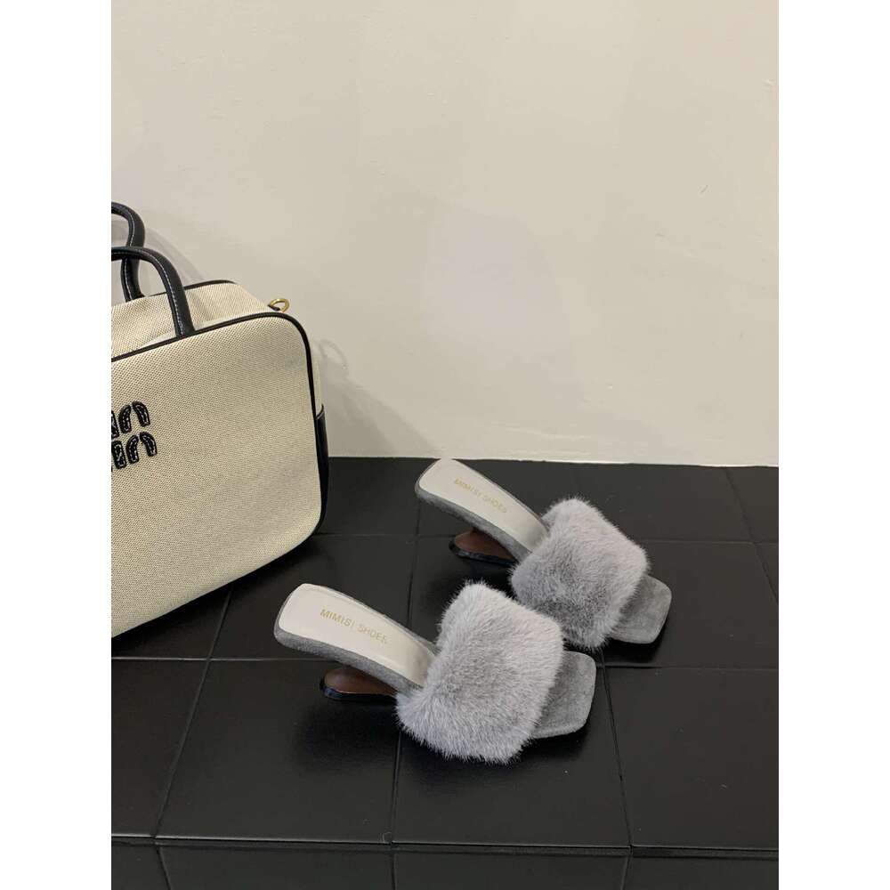 French Style Furry Wedge Designer Shoe - 2025 Autumn New Women's Slippers, Square Open-Toe & Warm for Outdoor Autumn Wear