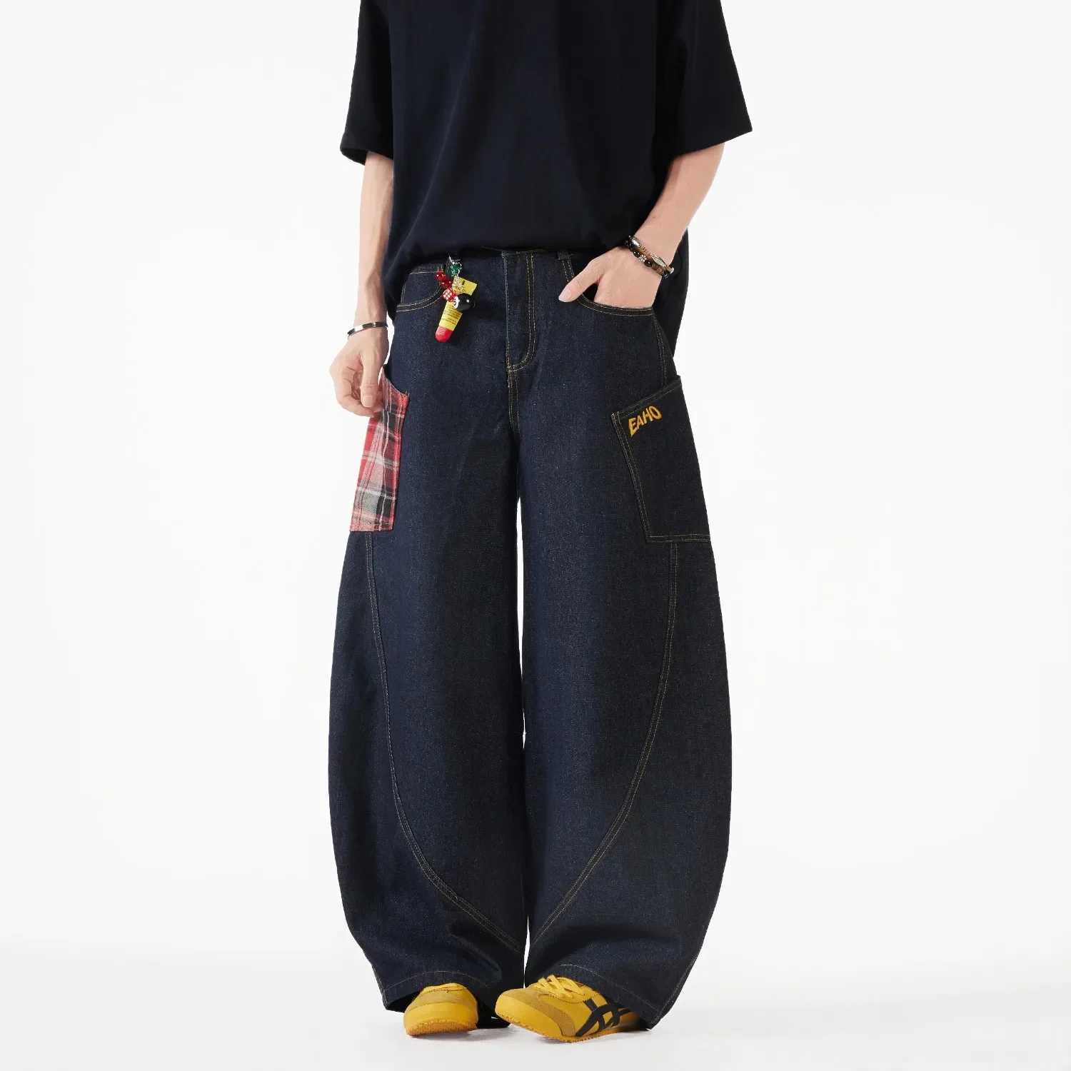 American Plaid Splicing Washed Cucumber Jeans Womens Summer New Wide Leg Loose Knife Edge FloorLength Pants J251016