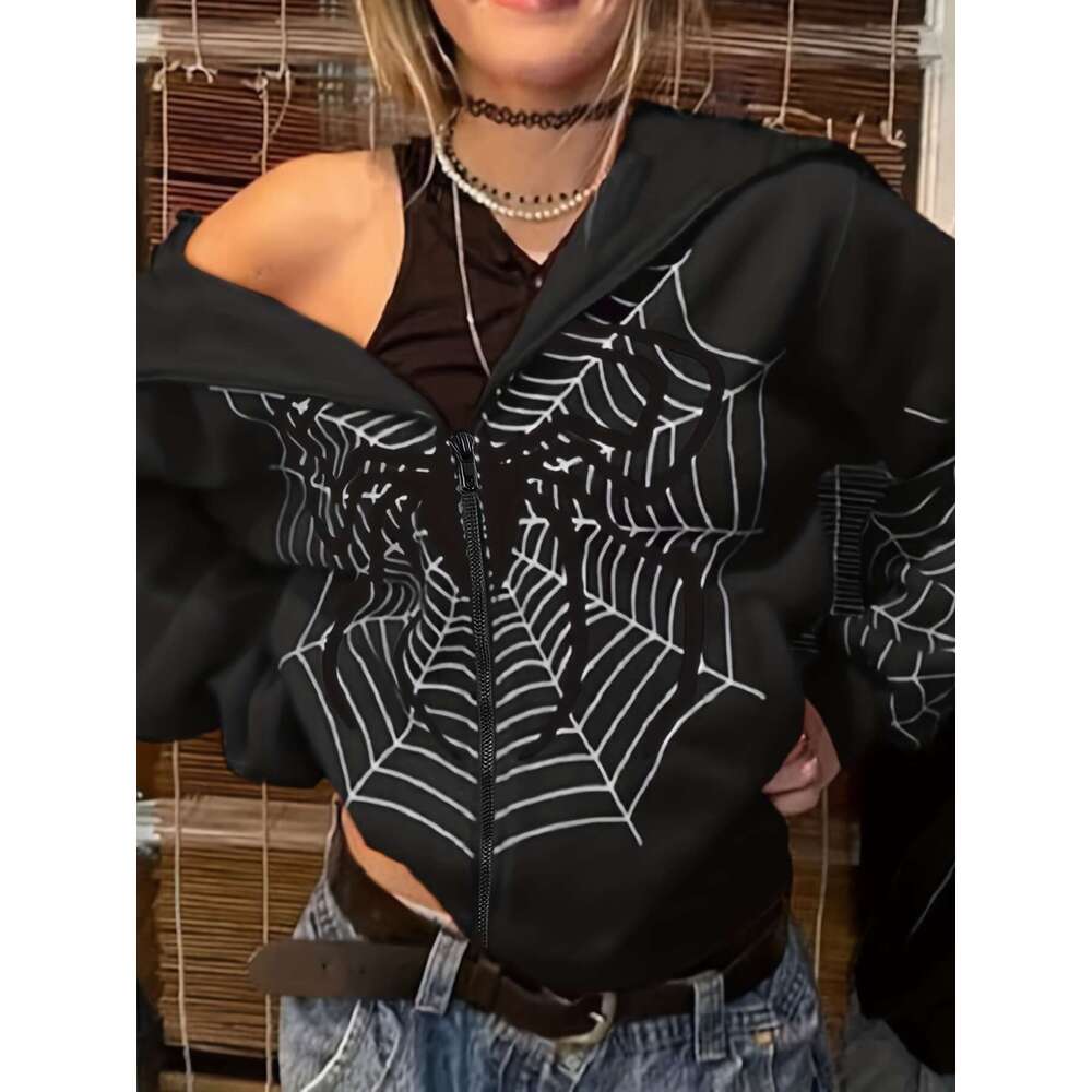 Y2k Long Sleeve Spider Web Print Zip-Up Hoodie, Women's Clothing Spider web print loose zip Y2K casual women's hooded cardigan