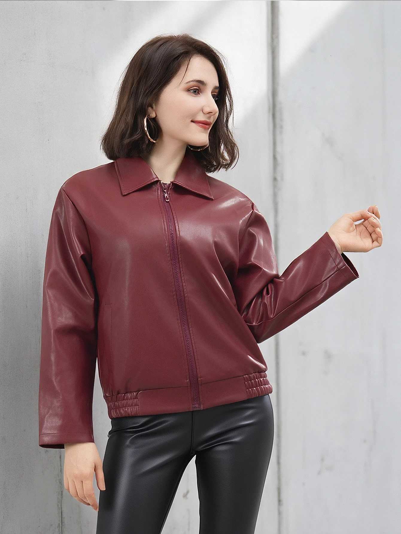 Womens Fashion Faux Leather Biker Jacket Zip Up Spring Autumn CoatT251017