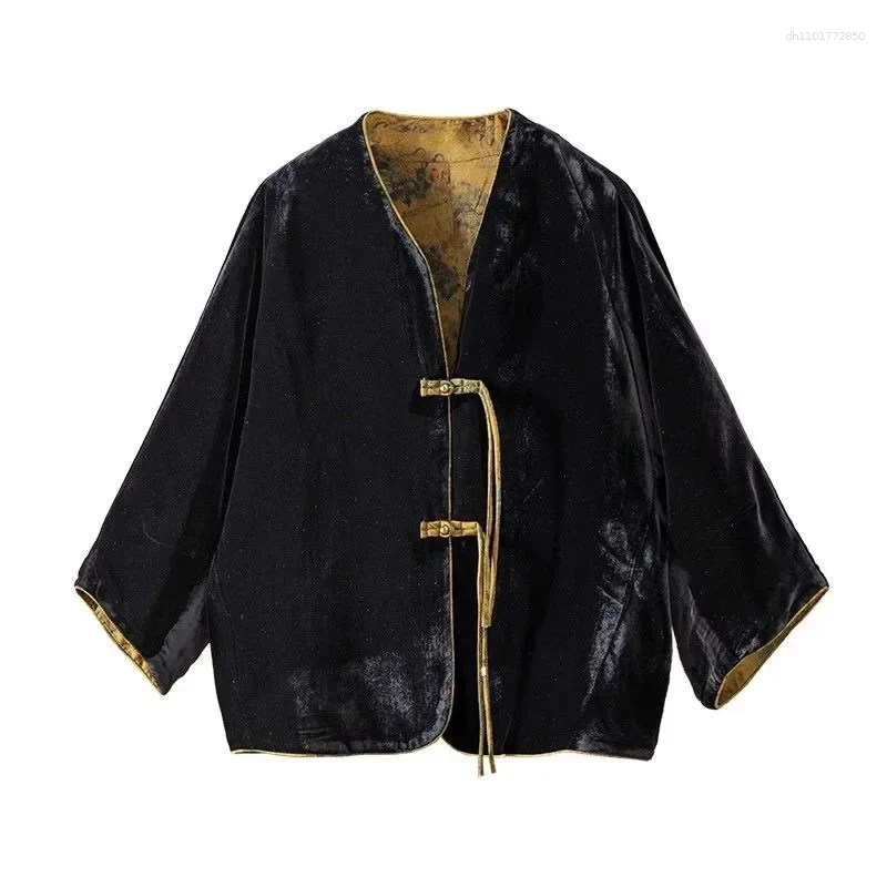 Women's Jackets 2025 Chinese Style Silk Velvet Jacket Women Thin Retro Printed Coat High-end Buckle Button Outwear Winter Clothes