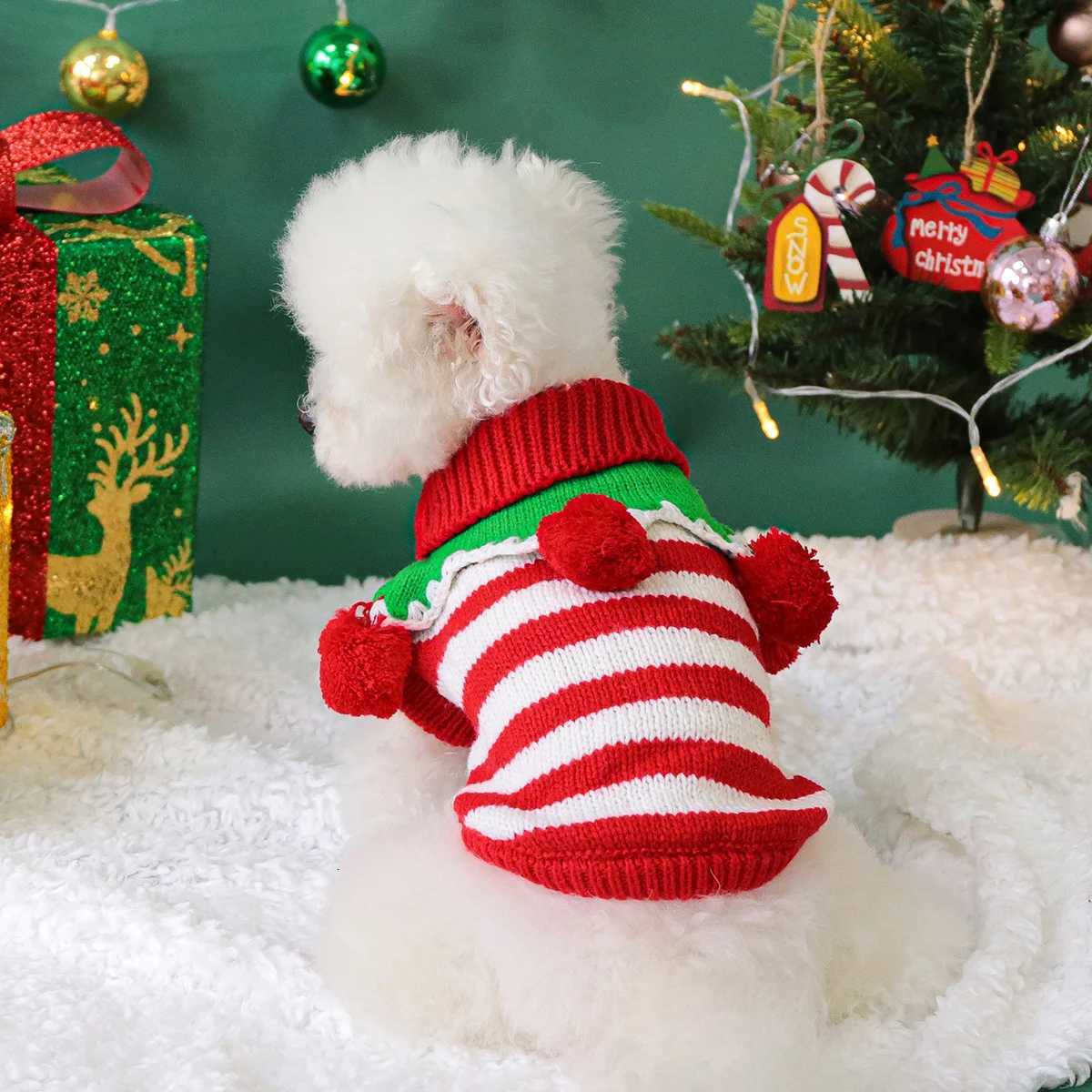 Colorful Christmas Sweater with Red and White Stripes Pet Dog Clothing Small Dog Warm and Comfortable in Autumn and WinterW251017