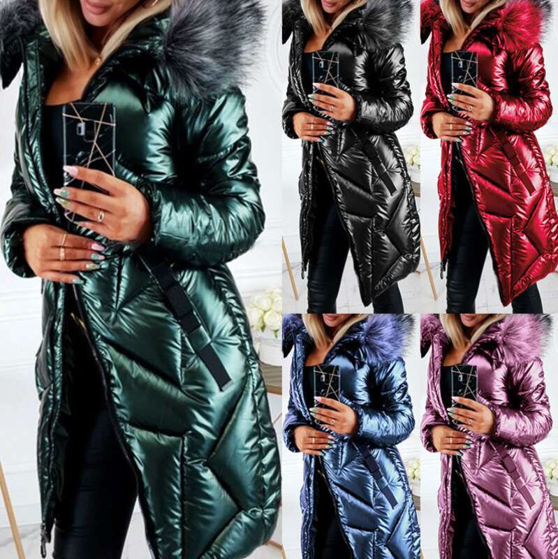 Women's Glossy PU Fur Collar Slim Cotton-Padded Long Sleeve Zipper Fashion Warm Women's Coat.