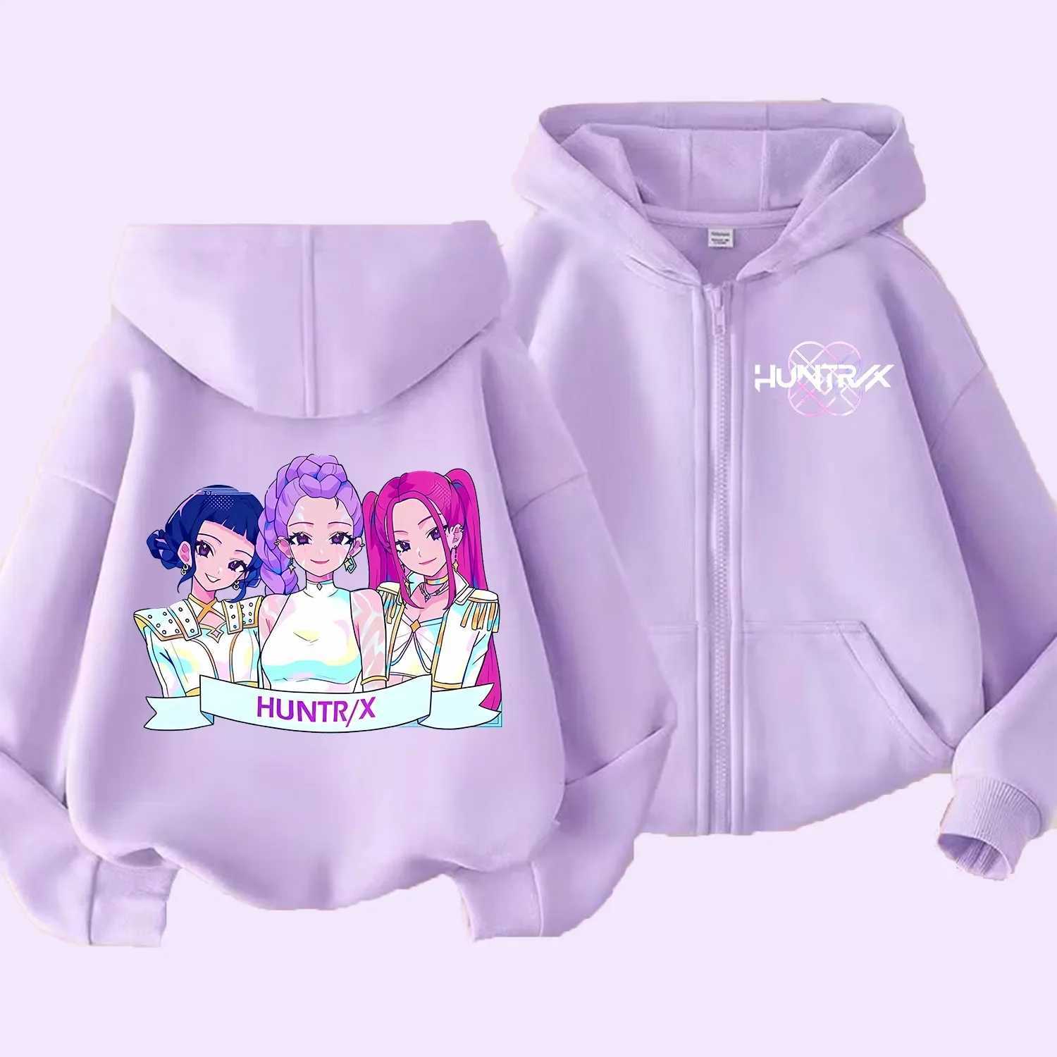 KPop Demon Hunters Zipper Hoodie Girls Coat Fashion Thin Clothes Purple Autumn Hoodie Jacket Kids Anime Sweatshirt Gift C251017