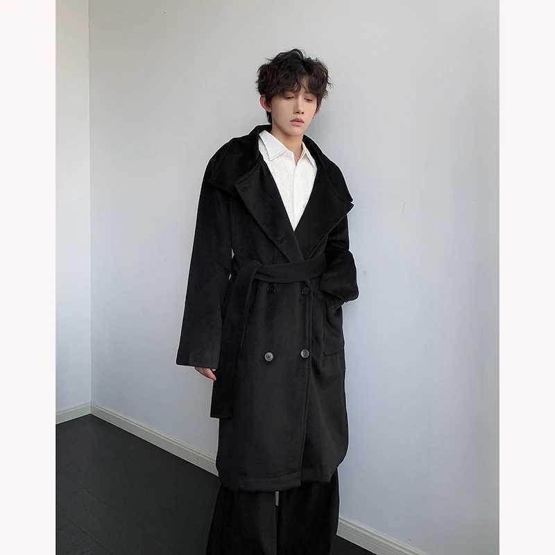 Mens DoubleBreasted Wool Blend Overcoat with Belt Loose Fit Solid Color Stand Collar MidLength Trench Coat for Autumn Winter J251017