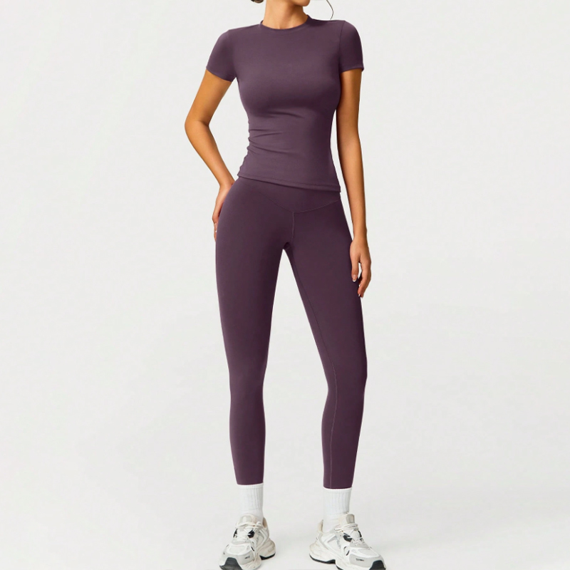 High waisted buttock lifting quick drying long sleeved yoga trousers Two piece yoga outfit Yoga Set Deep purple