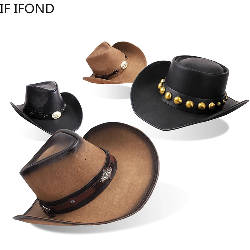 100 Leather Men Women Western Cowboy Hat Wide Brim Godfather Hats Gentleman Church Sombrero Hombre Jazz Cap 251015