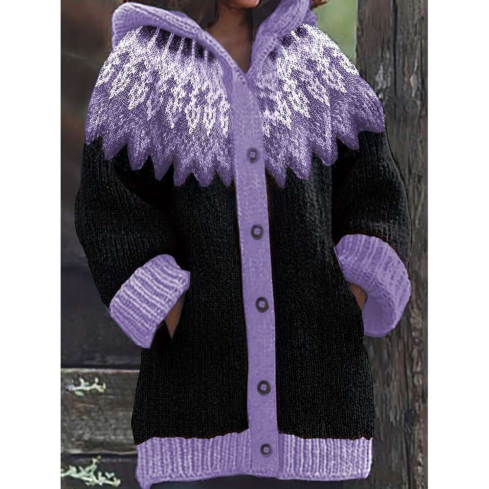 Plus Size, Soft Thick Jacquard Snow Mountain Glacier Gradient Tie-Dye Hooded Cardigan Elegant Fashion Comfortable Casual Vintage Sweater Oversized Jac