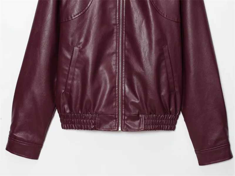 Womens Jacket 2025 New American Retro Simple Lapel Burgundy Faux Leather Jacket Street Fashion Womens JacketT251017