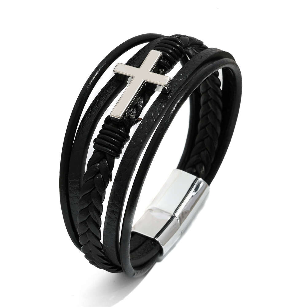 Cross for Men Multi-layer Handmade Woven Rope Magnetic Clasp Genuine Leather Bracelet