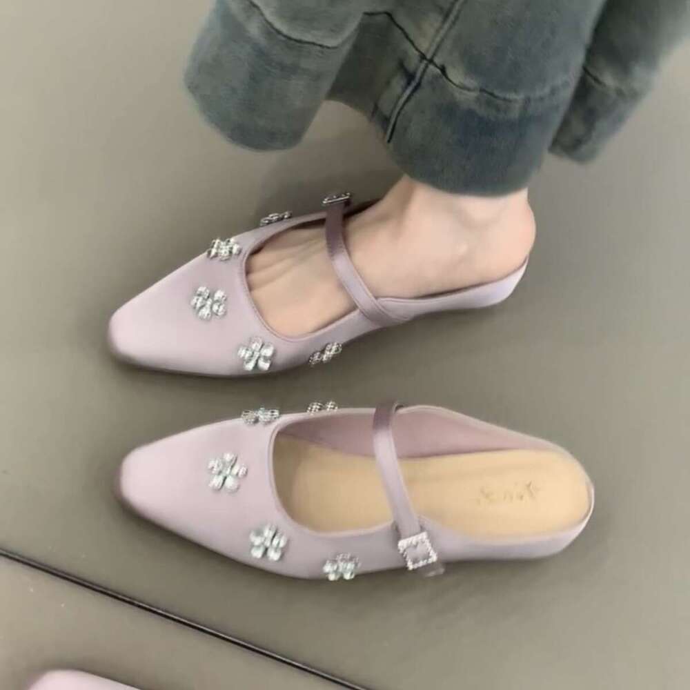Women's Designer Shoe French Style - Flat Mary Jane Half Sandals Slippers with Rhinestone Bowknot Gentle Evening Single Shoes