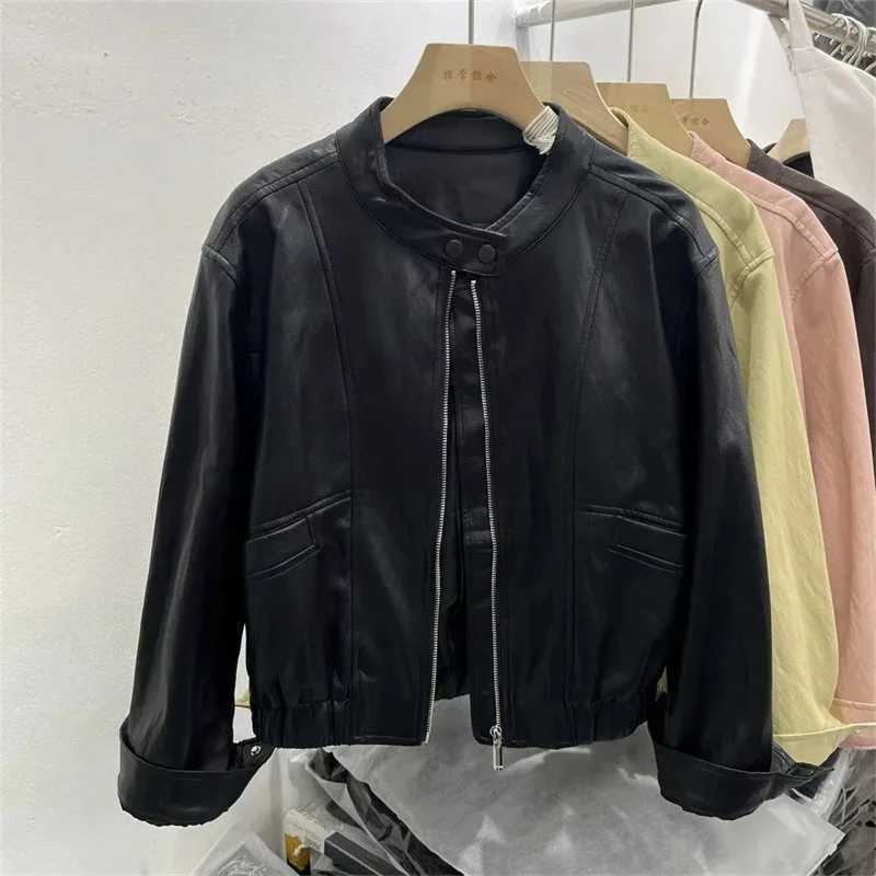 Leather Jacket Leather Womens Spring Clothes Standup Collar Loose Casual Black Motorcycle Washed PU Leather Jacket Coat TideT251017