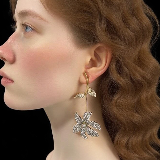 Gold earrings Fashion Simple Creative Design Full Diamond Alloy Exaggerated Flower Earrings High-End Exquisite Niche diamond earrings