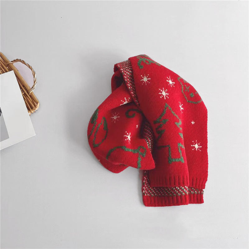Korean Children's Autumn Winter Scarf New Style Knitted Neck Warmer Boys and Girls Christmas Jacquard Red