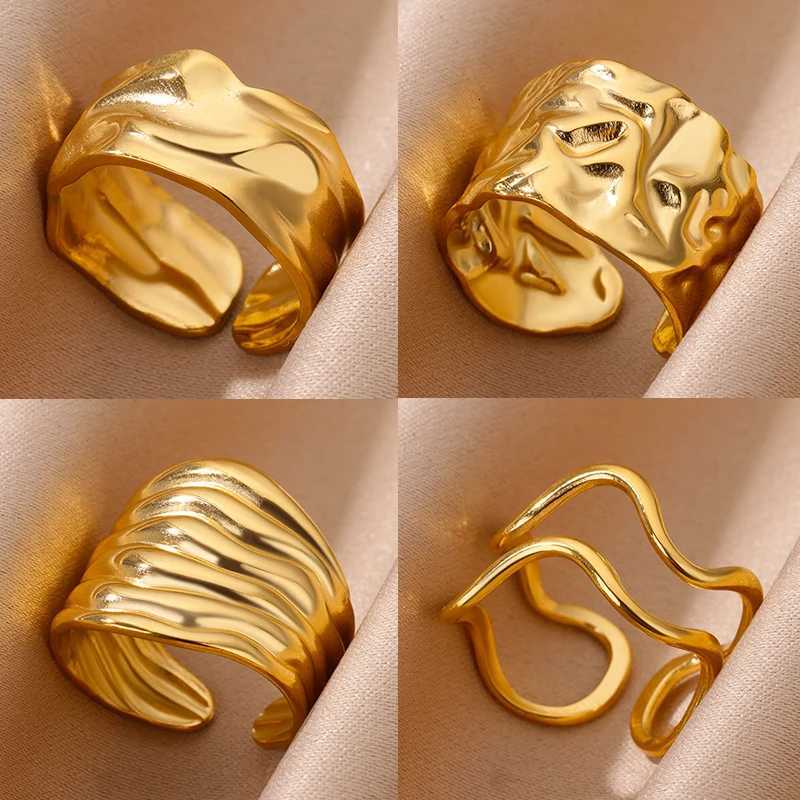 Irregular Geometric Chunky Opening Rings for Women Stainless Steel Gold Color Ring Aesthetic Wedding Waterproof Jewelry GiftW251017