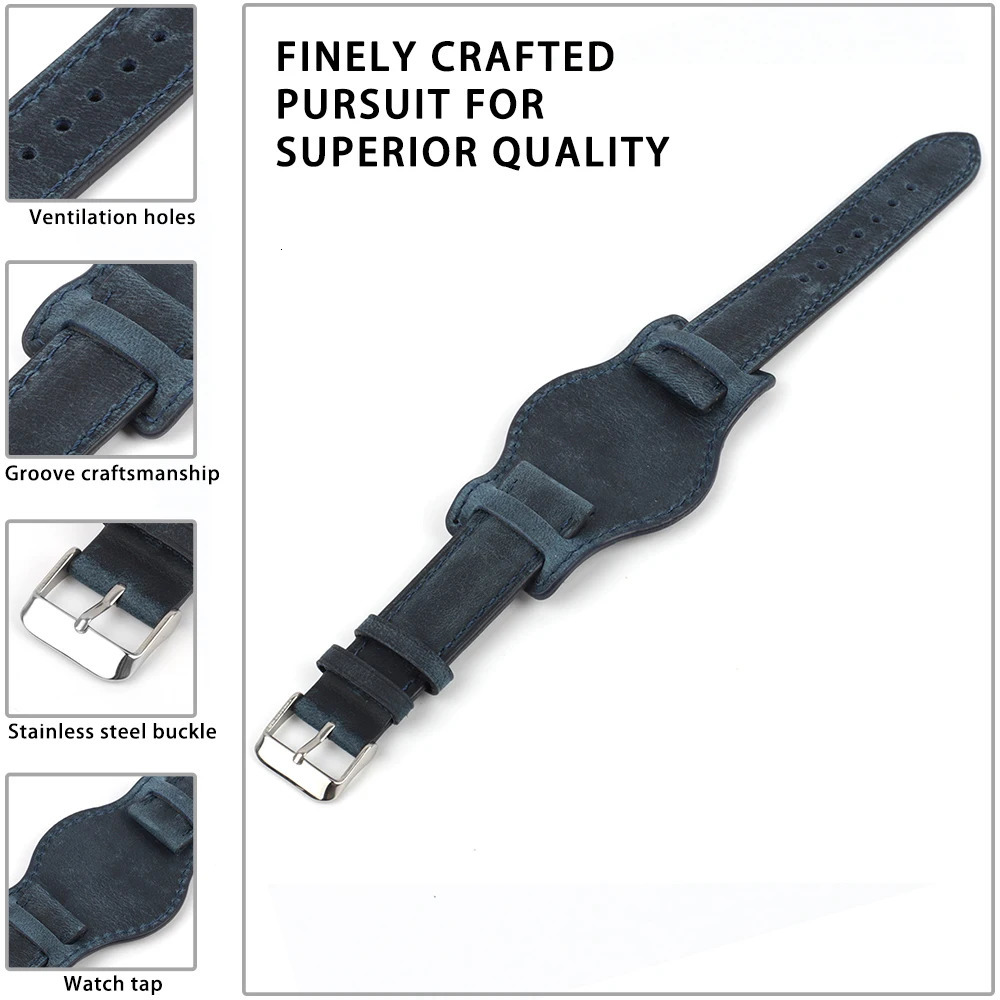 Handmade Crazy Horse Leather Watchband 18mm 19mm 20mm 21mm 22mm Watch Strap with Mat Genuine Leather Men Wristband Replacement 251016