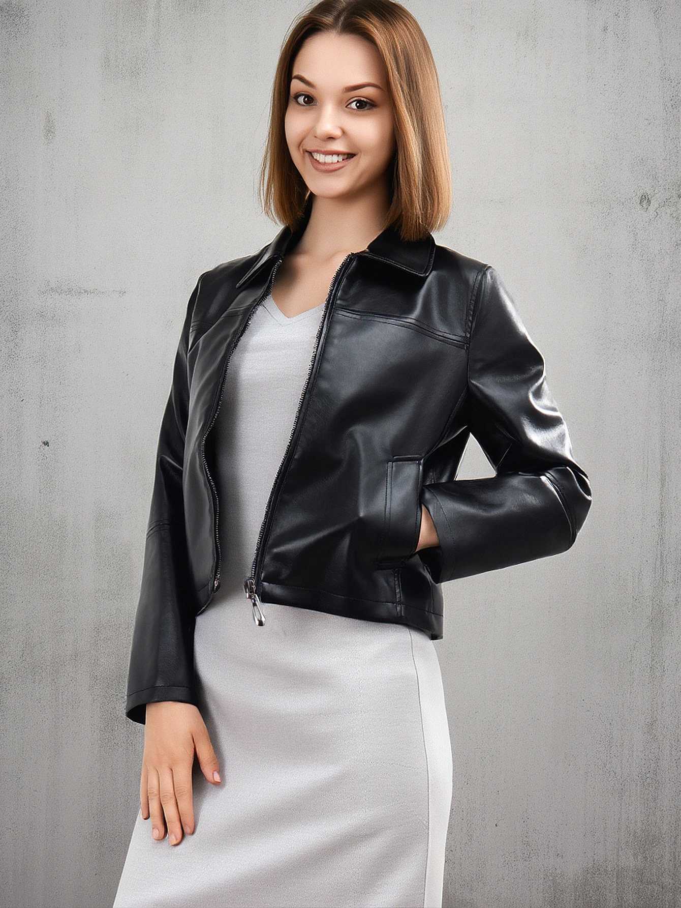 Womens Black Faux Leather Jacket Spring Fall Casual Stylish OuterwearT251017