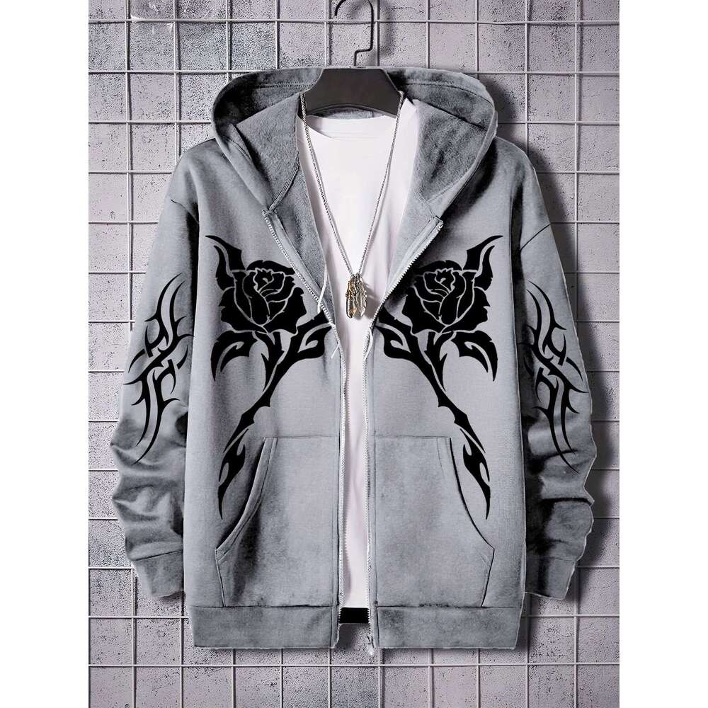 Black Regular Fit Men's Hooded Jacket | White Rose & Thorn Print, Hine-Washable Outerwear For Casual Attire