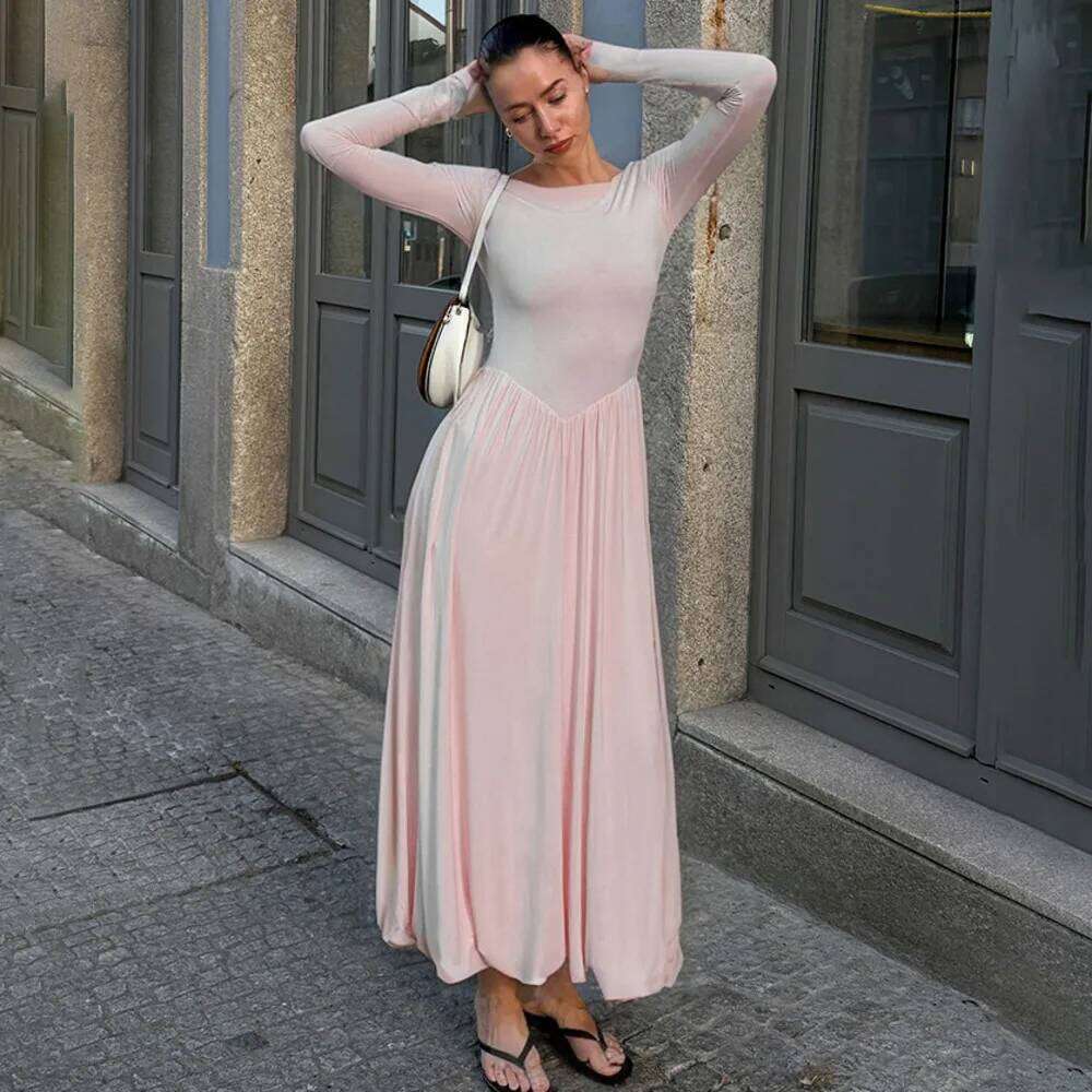 Blifanbo Autumn Round Neck Sleeve For Women Slim Elegant Fashion Pleated High Waist Patchwork Long Dress Vestido