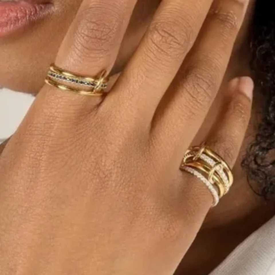 Creative 18K Gold Plated Stainless Steel Zircon MultiLayer Rings for Women Fashion Jewelry Party Gift Z251017