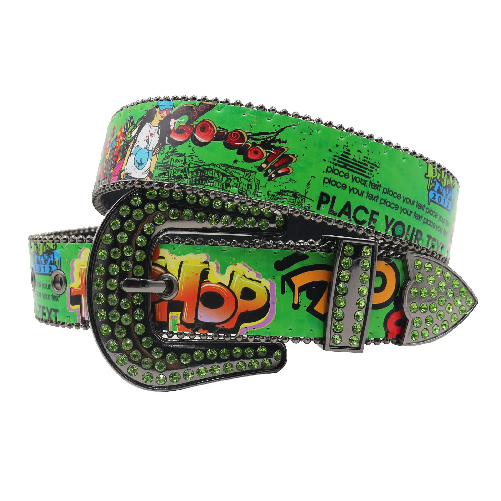 Shiny Pu leather belt Green Drip graffiti intersection Casual hip Hop allinone belt with rhinestone Ladies Fashion belt 251010