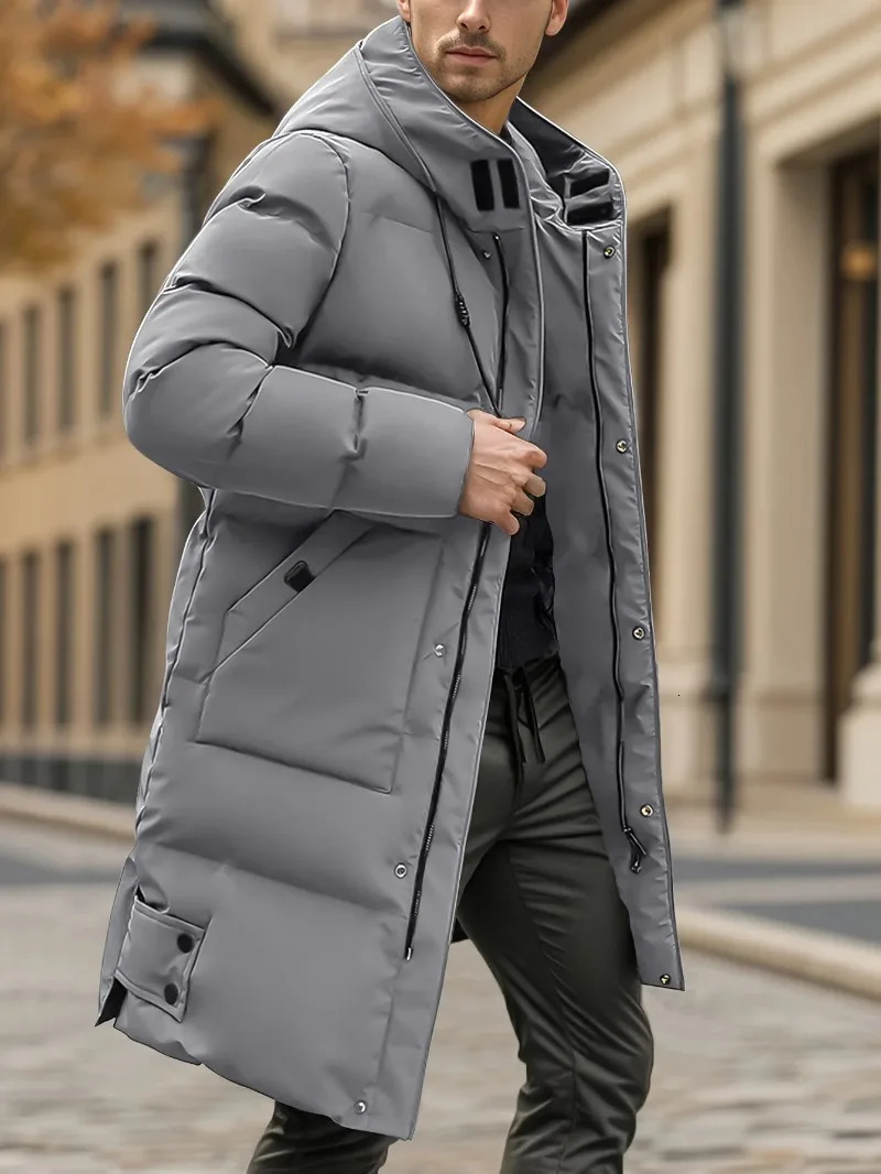 MenS Heavyweight Winter Coat Windproof Cold Weather Jacket with FullLength Zipper Hooded Long Formality Large Front Pockets 251017