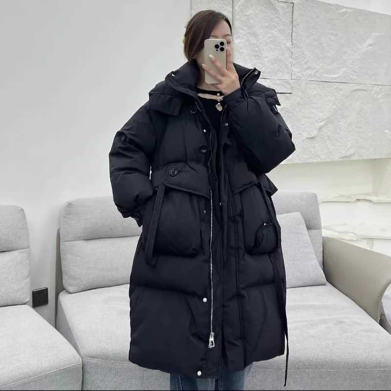 Winter New Down Coat Women Mid Length White Duck Down Windproof Hood Loose Warm Lacing Solid Coat Parkas W251016