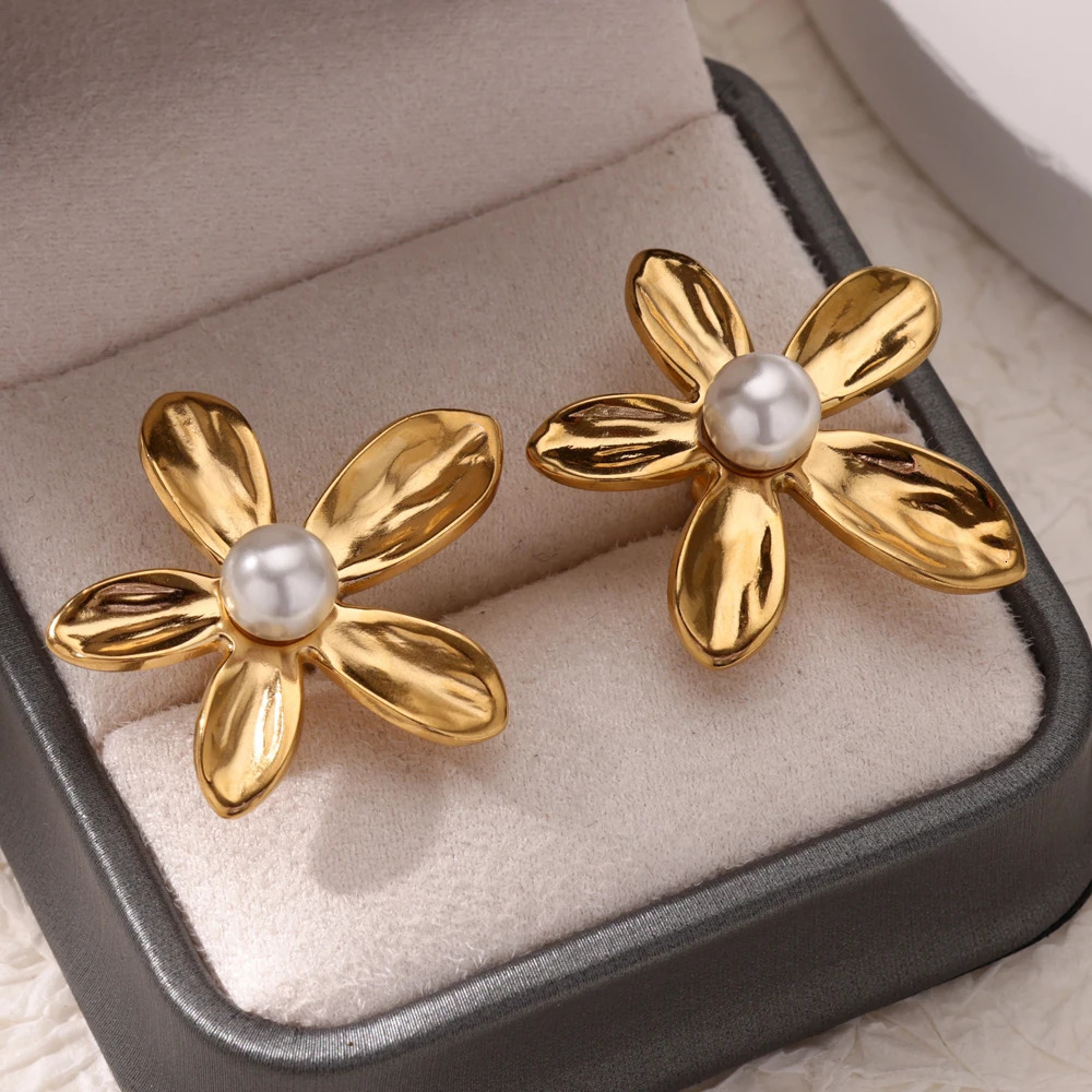 Trendy Pearl Zircon Flower Earrings For Women Stainless Steel Creative Exaggerate Earrings Christmas Ear Jewelry Gift 251016