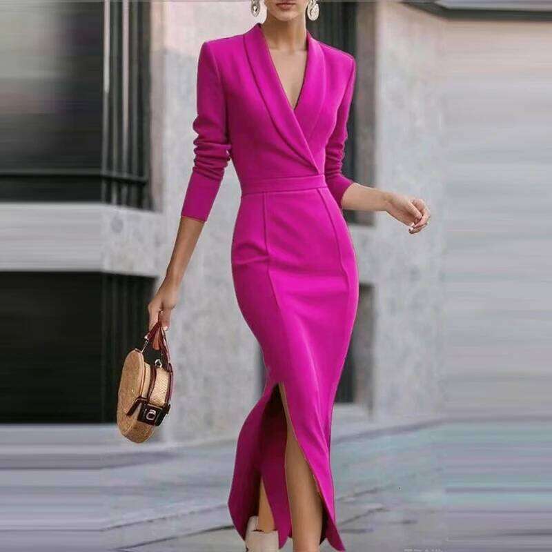2025 Autumn Women V Neck Split Party Simple Solid Color High Waist Commuter Long Dress