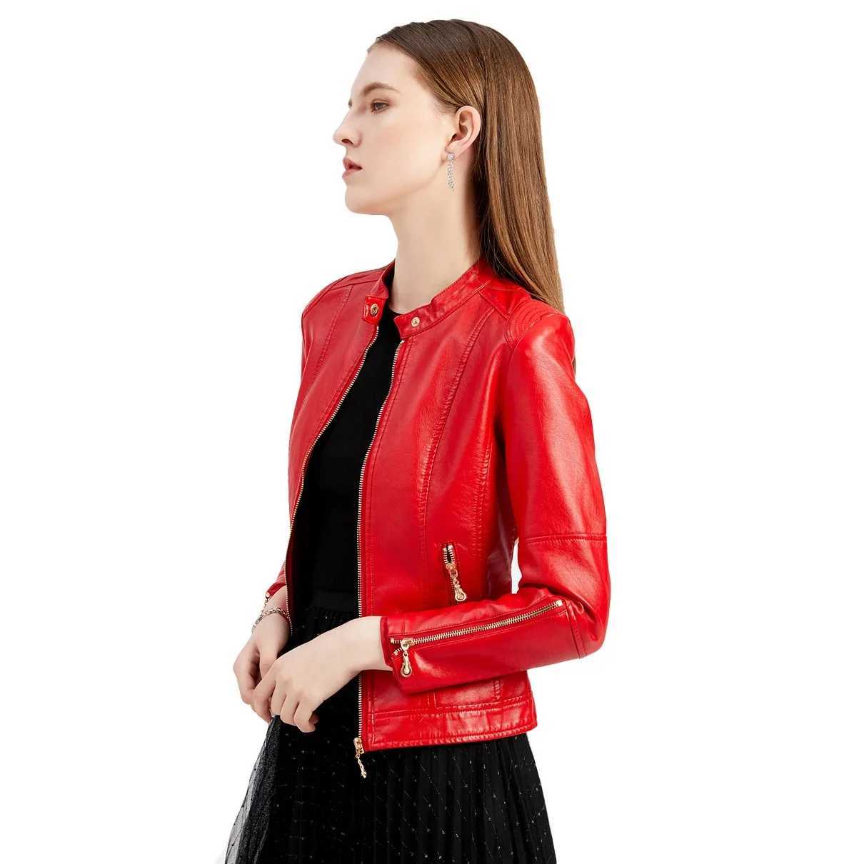 New Fashion Womens Leather Jacket PU Leather Short Coat Standup Collar Jacket Womens Spring And Autumn Thin Leather JacketT251017
