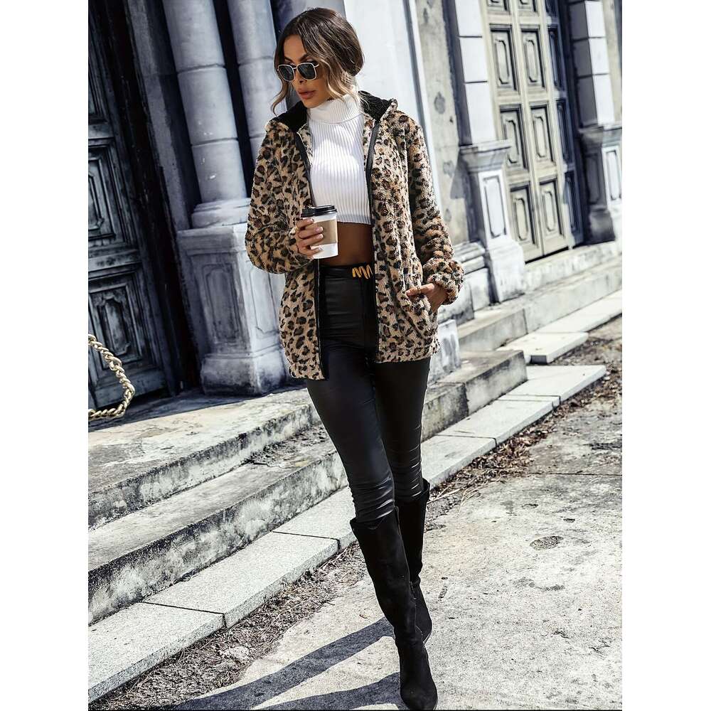 Versatile Long Sleeve Leopard Pattern Zipper Hooded Teddy Coat For Fall & Winter, Women's Clothing