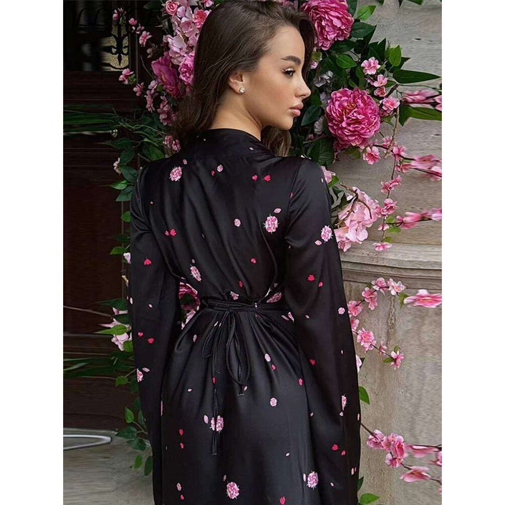 Elegant Printed Satin Long Dress Women Slim Lace Up V-neck Full Sleeve Pleat Dresses 2025 Autumn Lady Party Evening Robes New