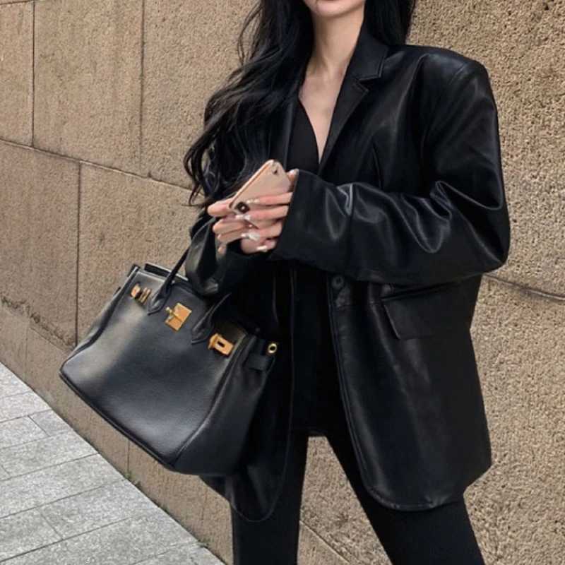 Faux Pu Leather Jacket Women Coats Blazer Turn Down Collar Jackets Coat Open Stitch Maxi Casual Elegant Y2k Punk StreetwearT251017