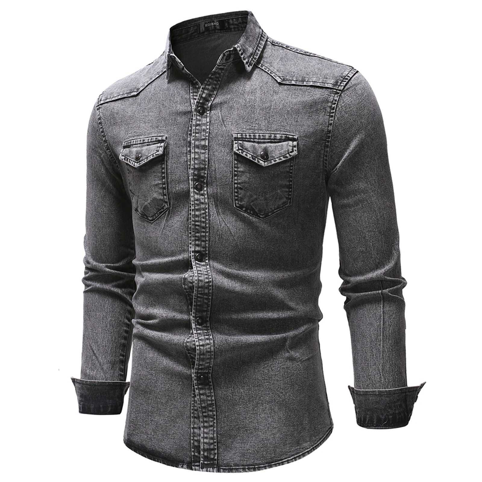 2024 Mens Spring Autumn Casual Shirts Solid Color Long Sleeve Lapel Denim Tops Button Shirts for Party J251017