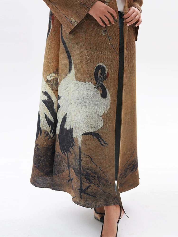 Miyake Pleated Vintage Swan Printed Long Sleeve Coat Women Autumn Winter Original Abaya Cardigan Plus Size Windbreak 251013