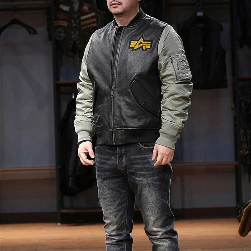 Top Quality Sheepskin MA1 Flight Jacket for Men Vintage Baseball Brand Motorcycle Biker Large Size Genuine Leather Coat J251017