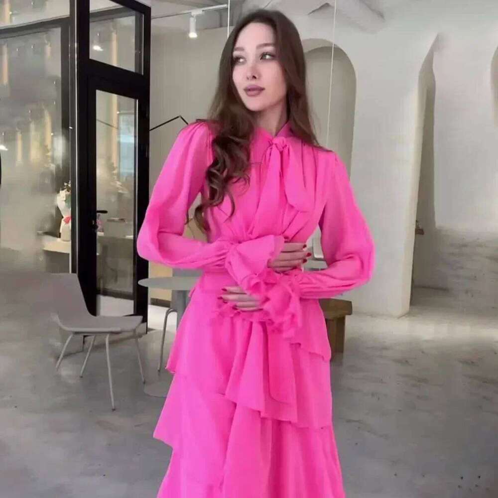Autumn New Ruffle Leaf Splicing Wind Chiffon Semi-turtleneck for Women Evening Dress Formal Party Gown