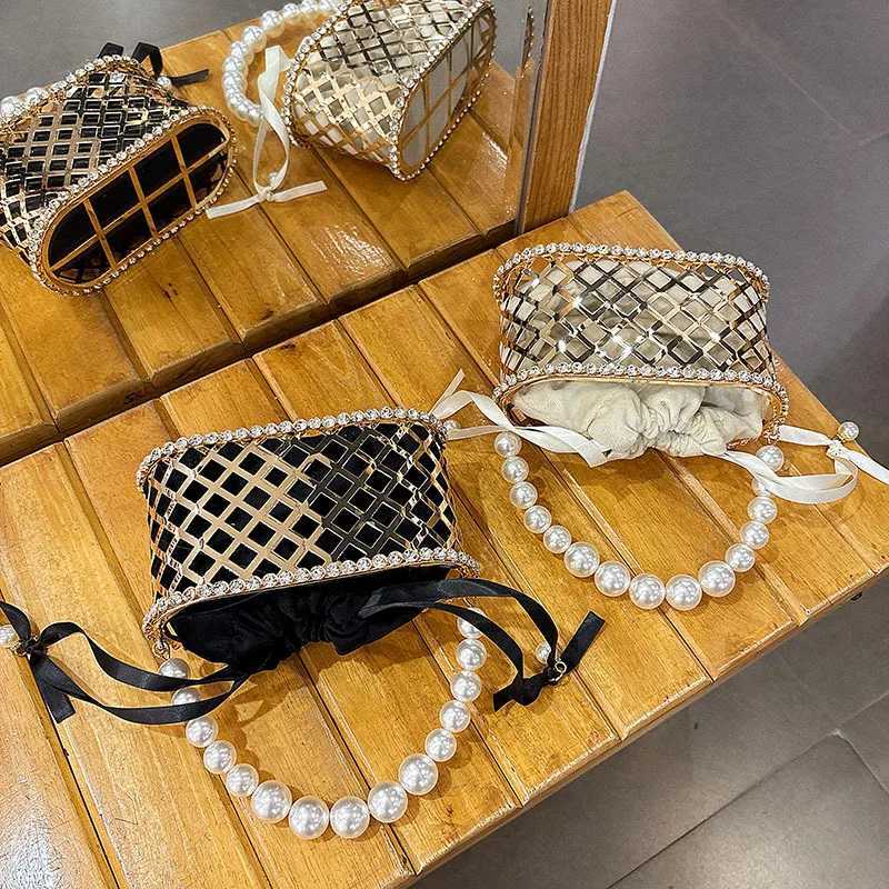 Fashion Pearl Beaded Handheld Women Handbag Gold Metal Cage Glitter Diamond Evening Bag Wedding Party Clutch Purse Crossbody Bag Z251017