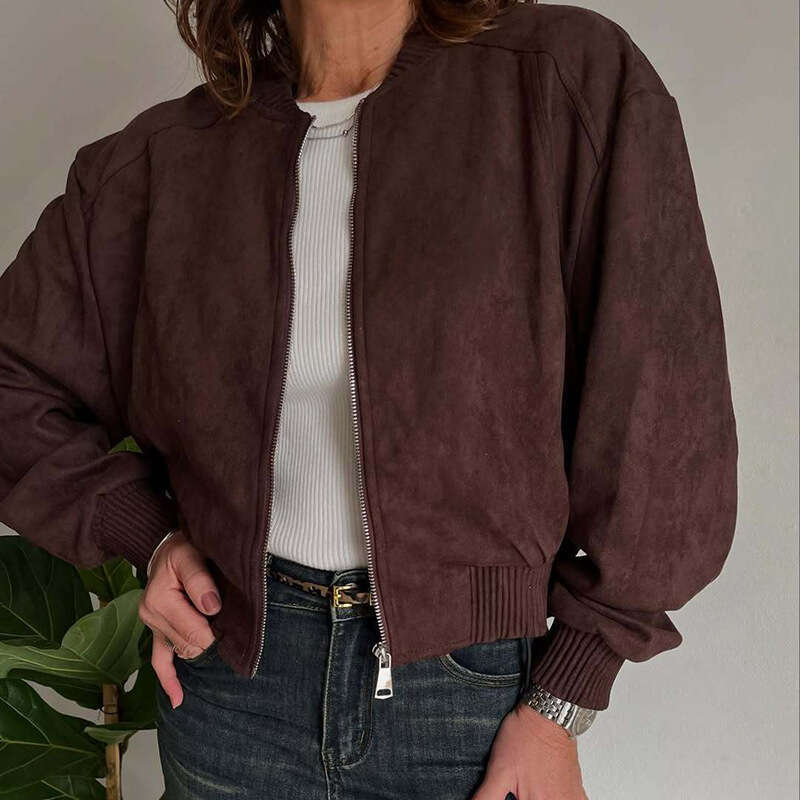 New Autumn Winter Fashion Versatile Suede Solid Color Zipper Jacket Women's Commuter Coat B5